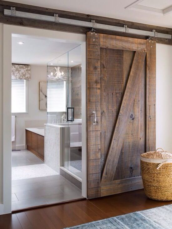 Contemporary Bathroom with Rustic Sliding Wood Door