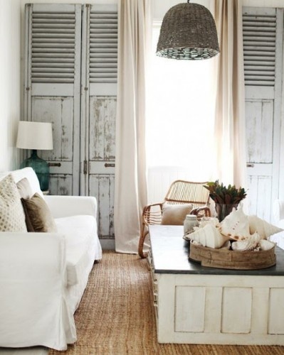 Beachy LIving Room with Shutter Wall Design