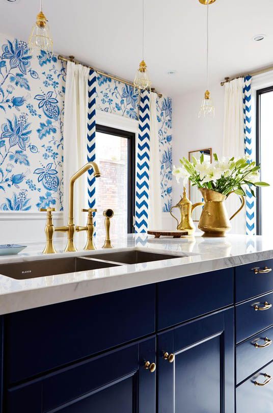 Blue White and Gold Kitchen