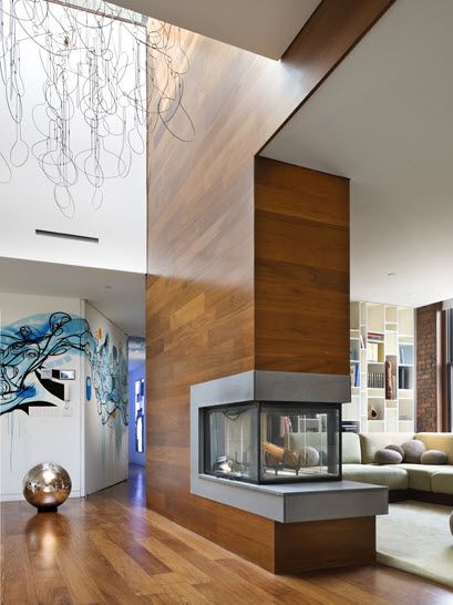 Concrete Fireplace With Wood Clad Chimney