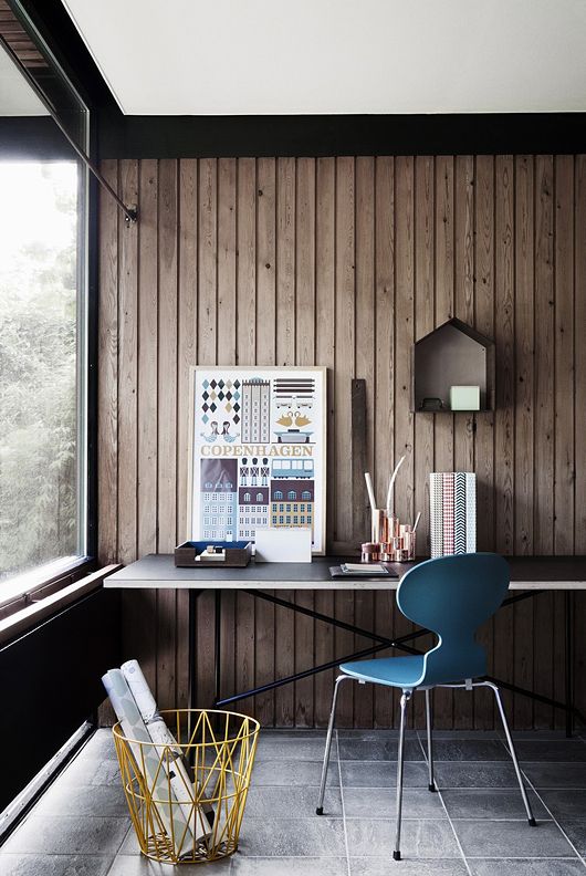 Warm Modern Workspace With Wood Walls and 'Concrete' Tile Floors