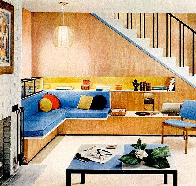 1950s Design with Blue Couch Cushions
