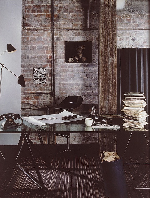 Dark Home Office with Exposed Brick