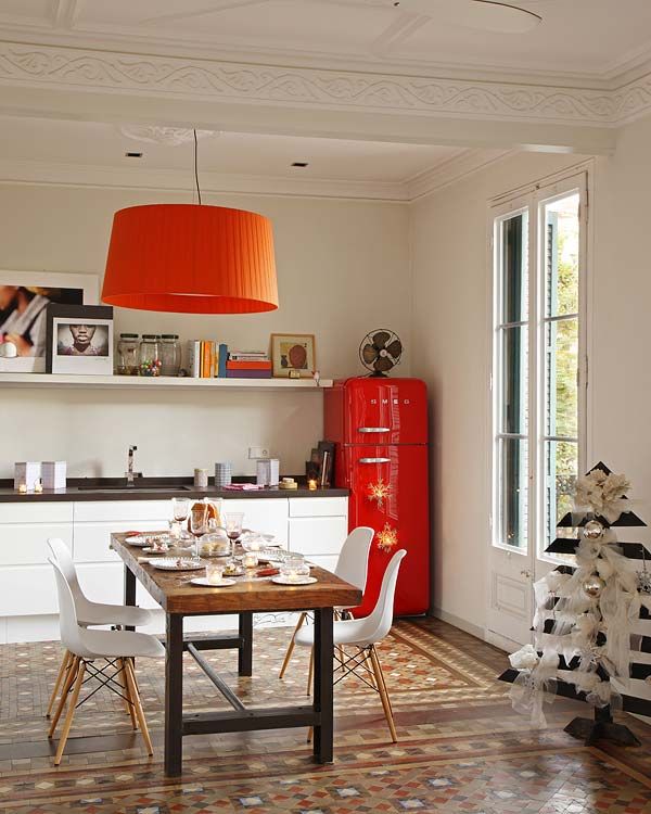 Eclectic Kitchen with Red Mod Fridge and Drum Light Shade
