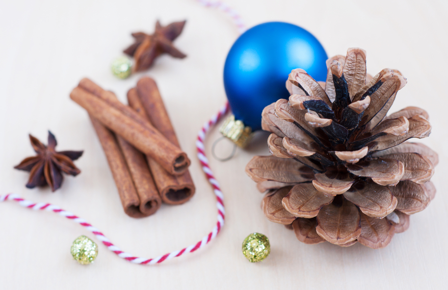 Pinecone with a blue bauble and cinnamon sticks.
